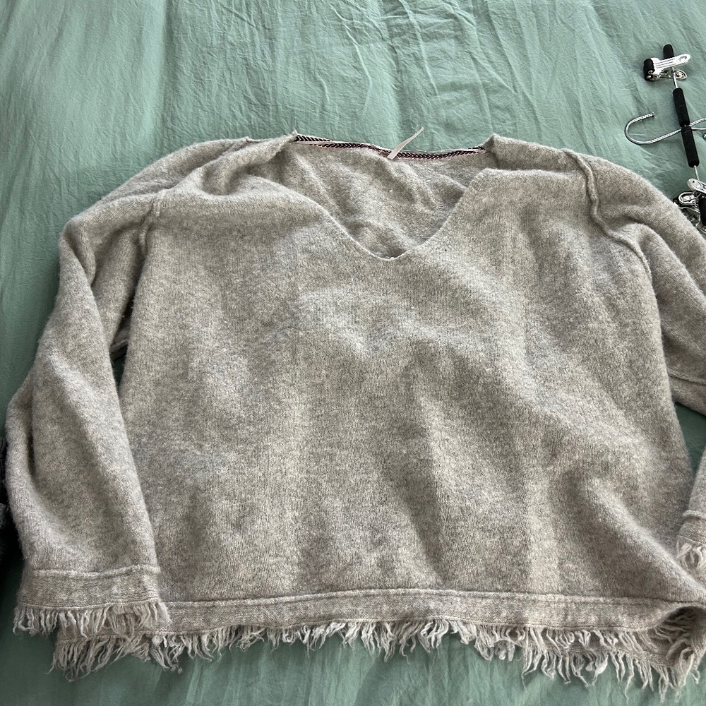 Free People V-Neck Fringe Hem Sweater in Light Taupe